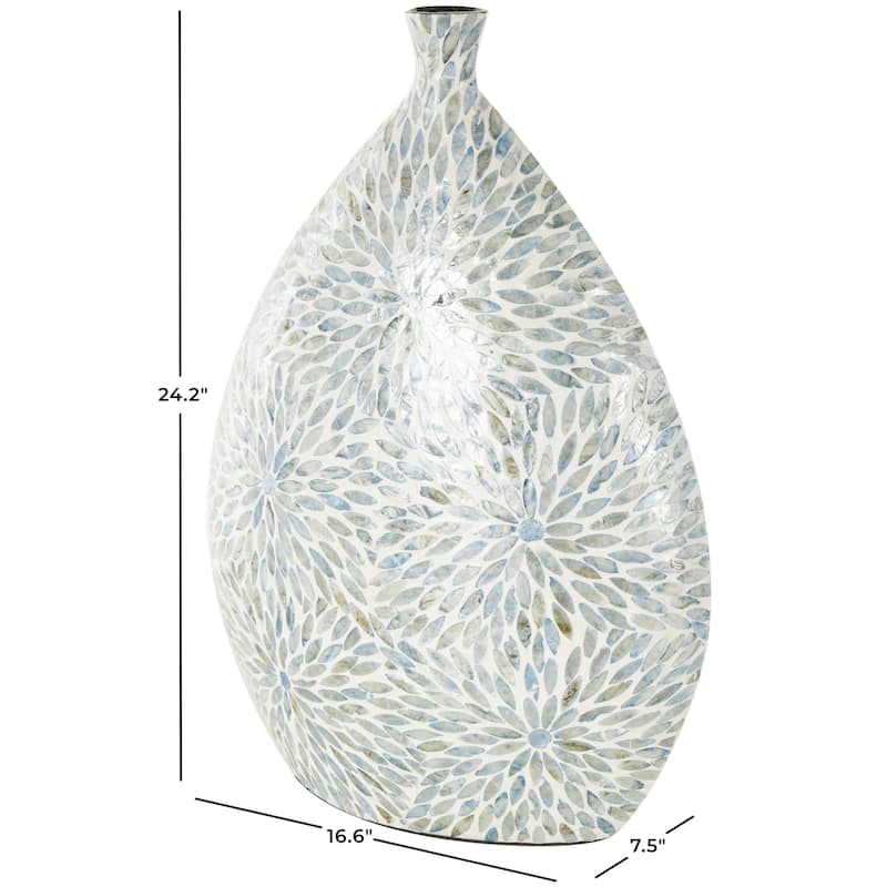 Mother of Pearl Shell Floral Handmade Large Mosaic Decorative Vase with Cream Underlay - Blue - Roche River Decor