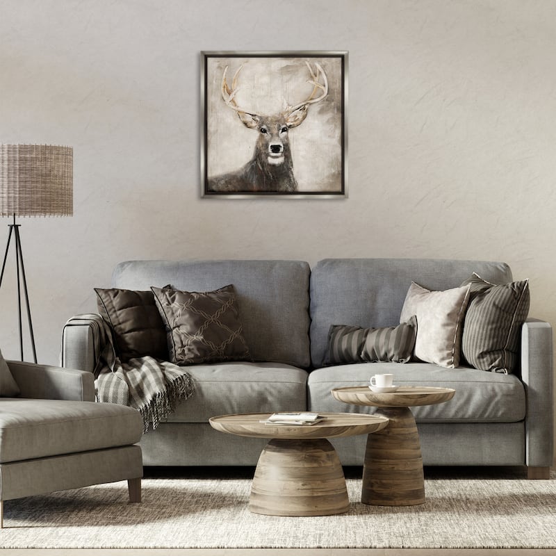 Stupell Gazing Deer in Neutrals Framed Floater Canvas Wall Art Design By Sally Swatland