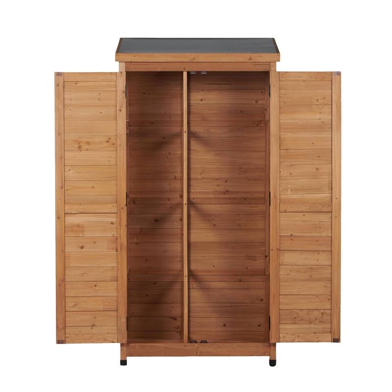 Outdoor Wooden Storage Shed with Metal Top Tall Vertical Tool Cabinet for Backyard Garden Patio Lawn