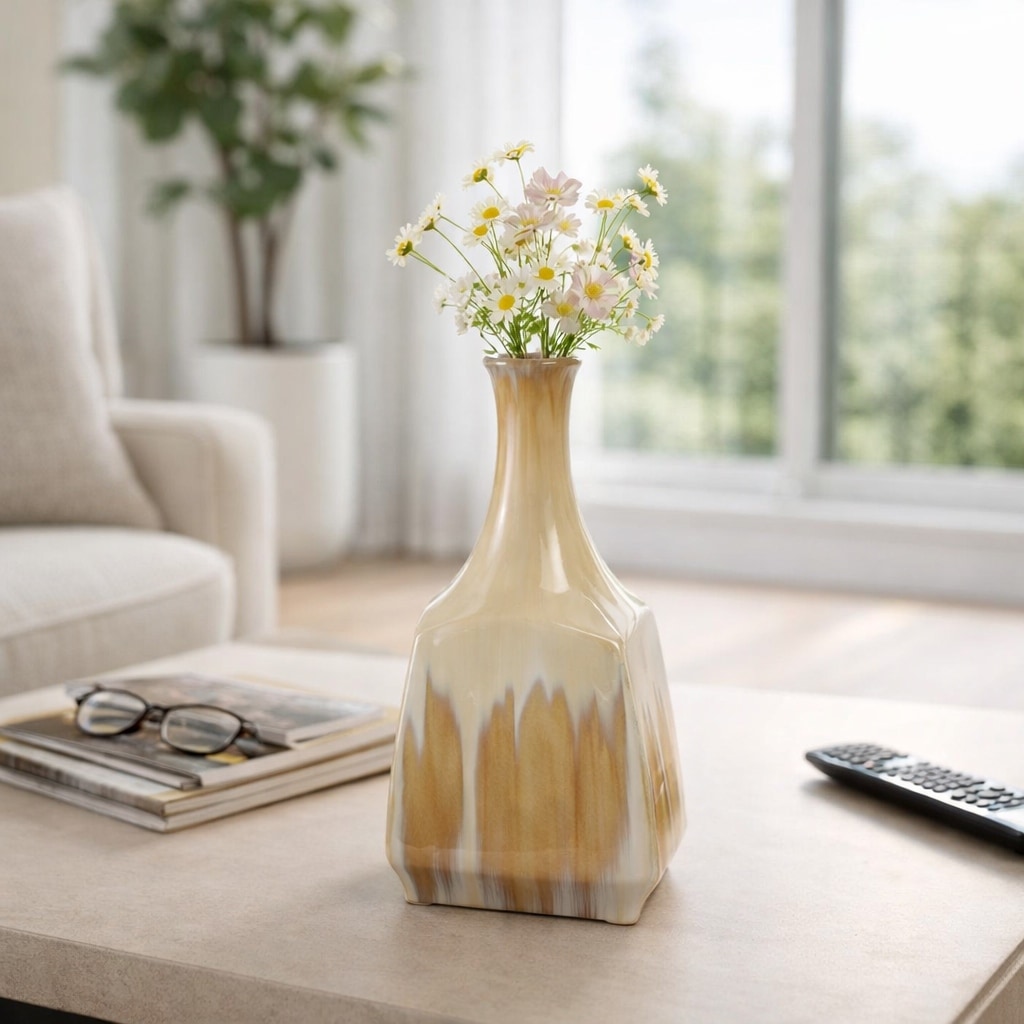 Decorative Vase - Ivory Ceramic Two-tone Glazed, 16 in.