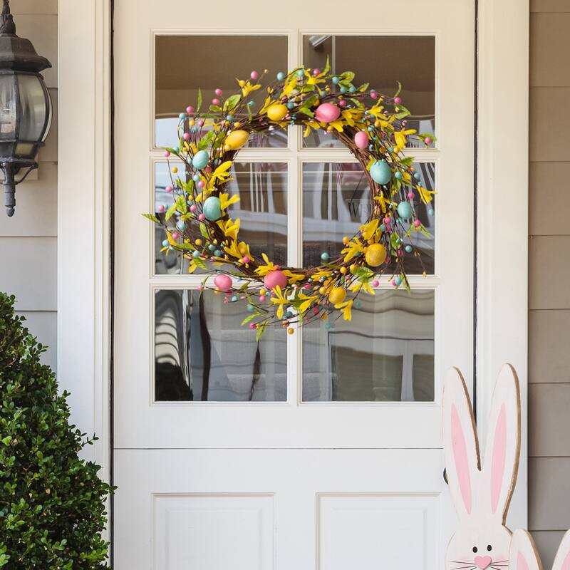 Glitzhome 22"D Artificial Easter Spring Eggs Berries Wreath for Front Door Wall Decor