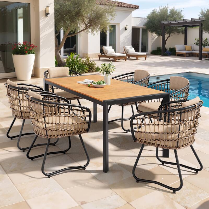 Set of 7 Outdoor Patio Dining Set WoodLike Table Top Aluminum Rectangular Umbrella Hole Table with Rattan Chairs - BrownTable&BeigeChairs