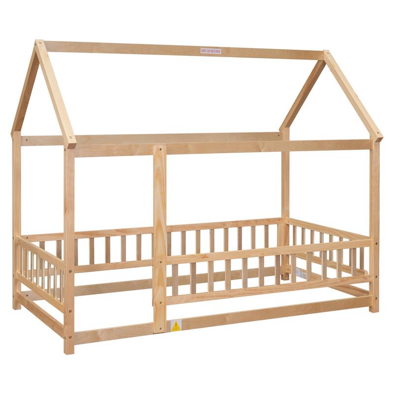 Floor Wooden Bed with House Roof Frame, Fence Guardrails