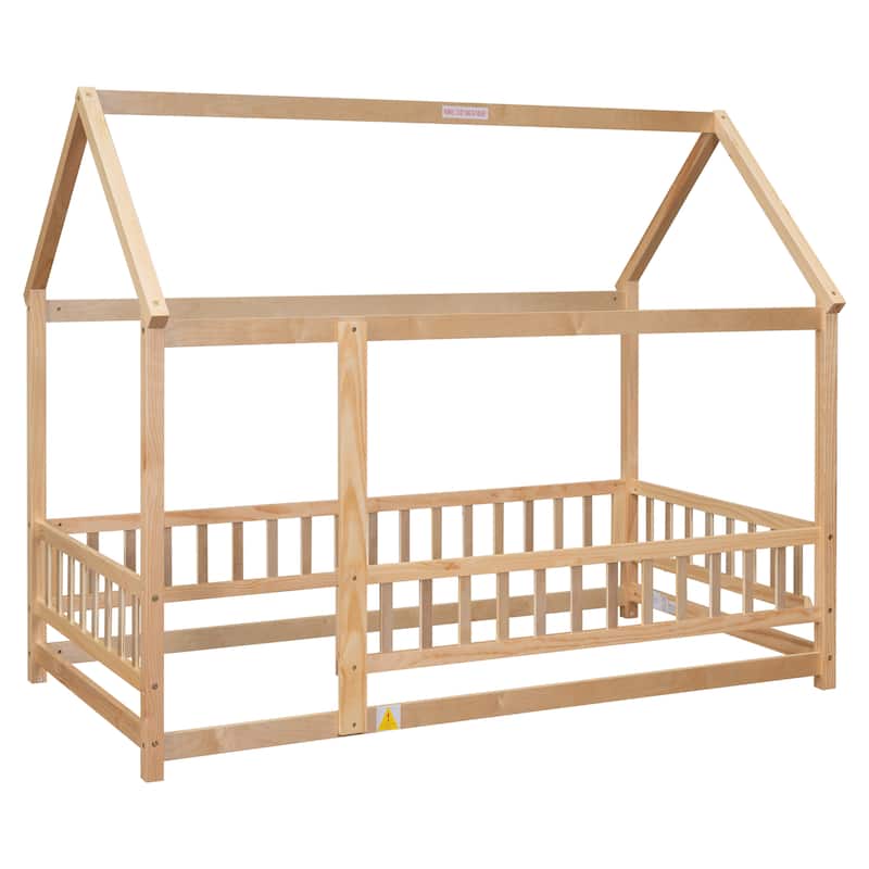 Floor Wooden Bed with House Roof Frame