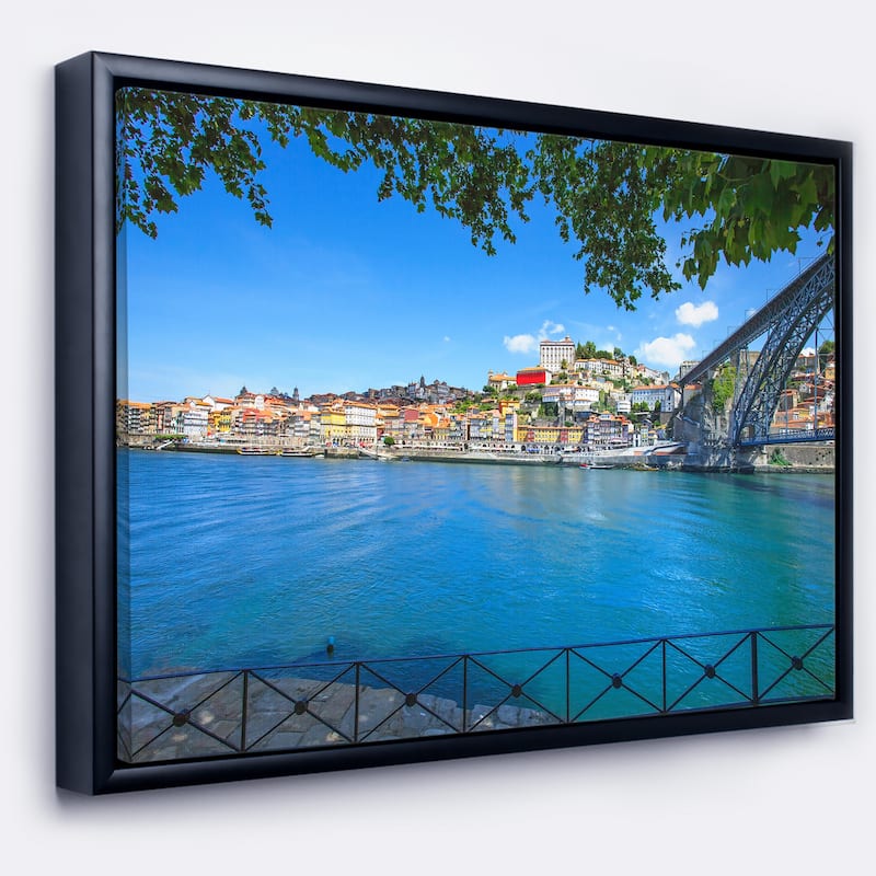 Designart "Douro River and Iron Bridge Portugal" Extra Large Landscape Framed Canvas Art - 40 in. wide x 30 in. high - Black