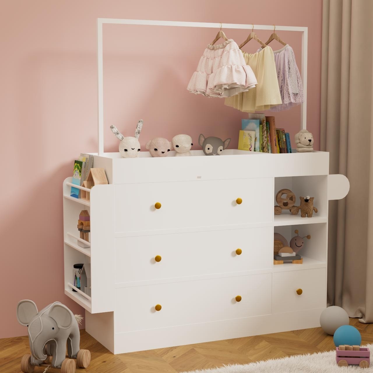Baby Dressing Table with 3 Extra-Deep Drawers, Storage Shelves & Drying Rack, White for Nursery‌.