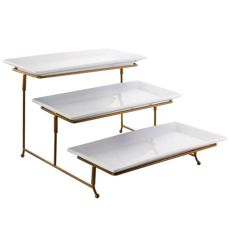 Grand Feast Gold Metal 3 Tiered Rectangle White Porcelain Plate Serving Set