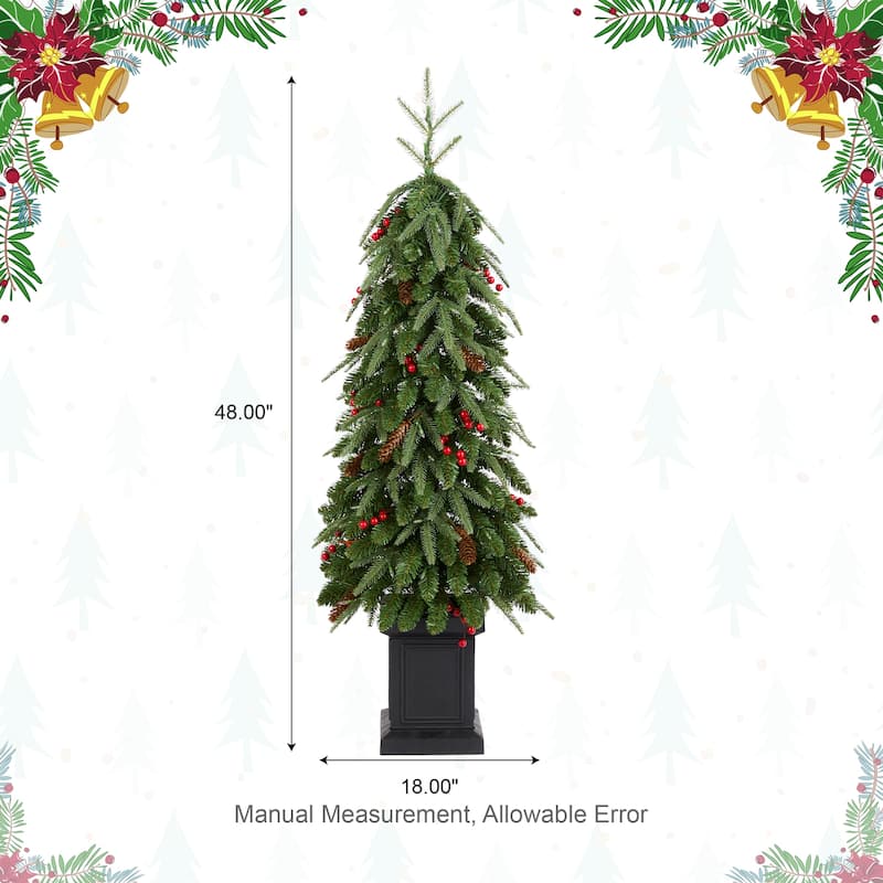 Glitzhome 4ft/6ft/7ft Pre-lit Green Artificial Christmas Porch Tree with Red Berries,Pinecones and 100 Warm White Lights