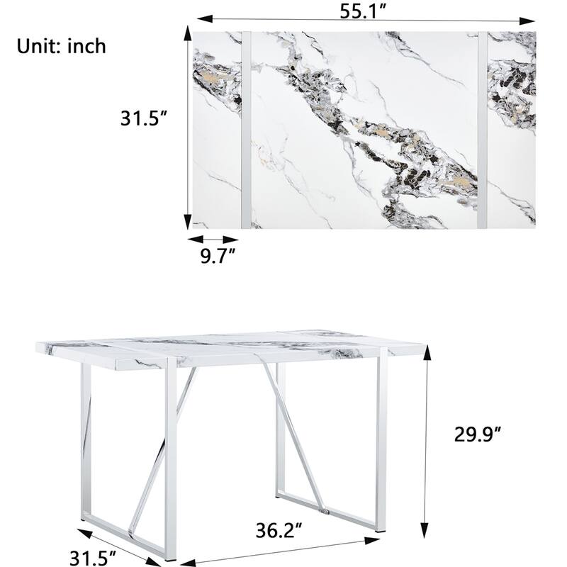 Modern Dining Table, 55 inch Faux Marble Kitchen Table for 4 People