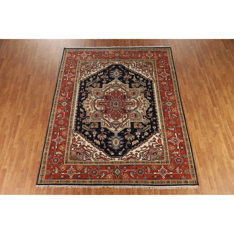 Hand Knotted Oriental 100% Wool Carpet Traditional Medallion Navy Blue & Blues Heriz (serapi) Area Rug - 10' 0'' X 7' 11''