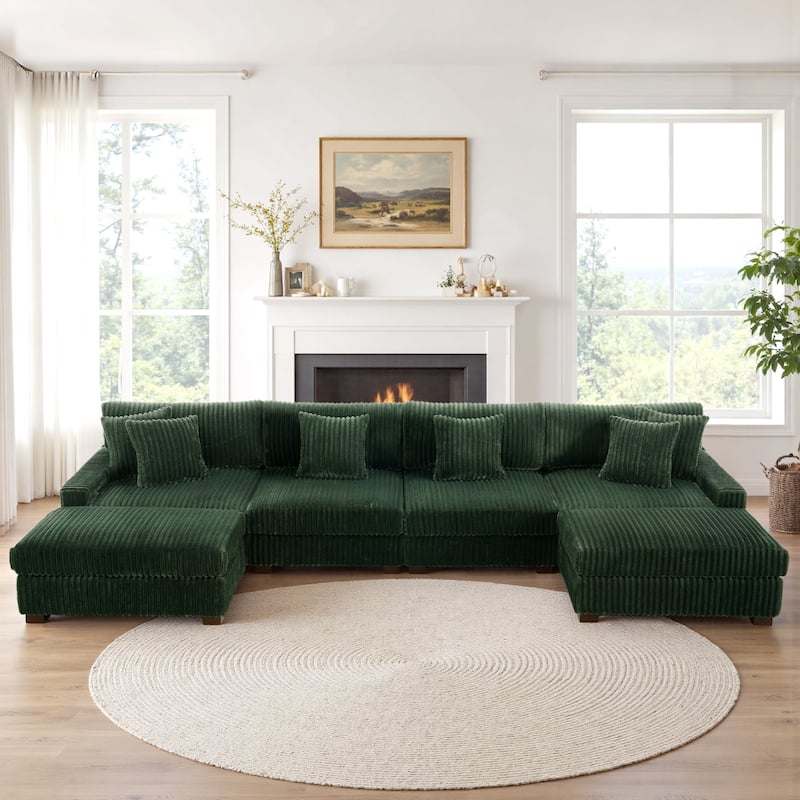 Anne 150" W Upholstered Plush Corduroy Modular Sectional Sofa - 6-Piece Green