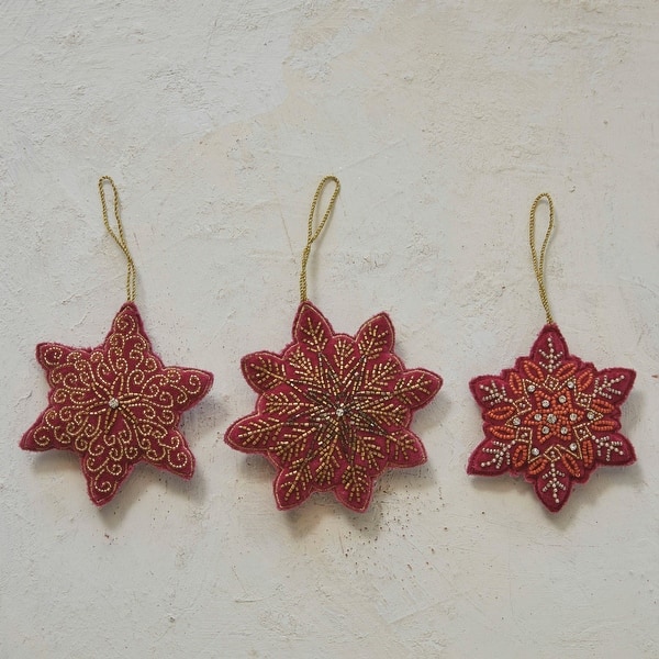 Cotton Velvet Snowflake Ornament with Glass Beads, Set of On