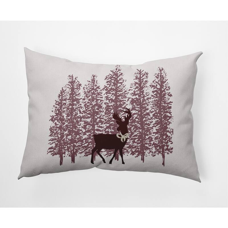 Reindeer Through the Woods Christmas Indoor/Outdoor Throw Pillow - 14" x 20" - Christmas Burgandy