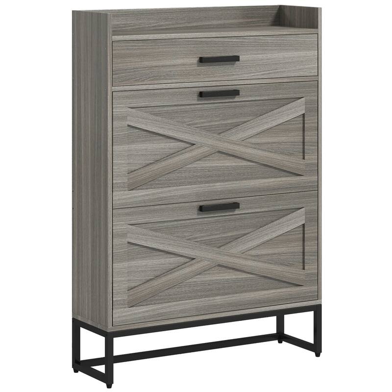 Hidden Shoe Cabinet with 2 Flip Drawers, Adjustable Shelves,Top Drawer