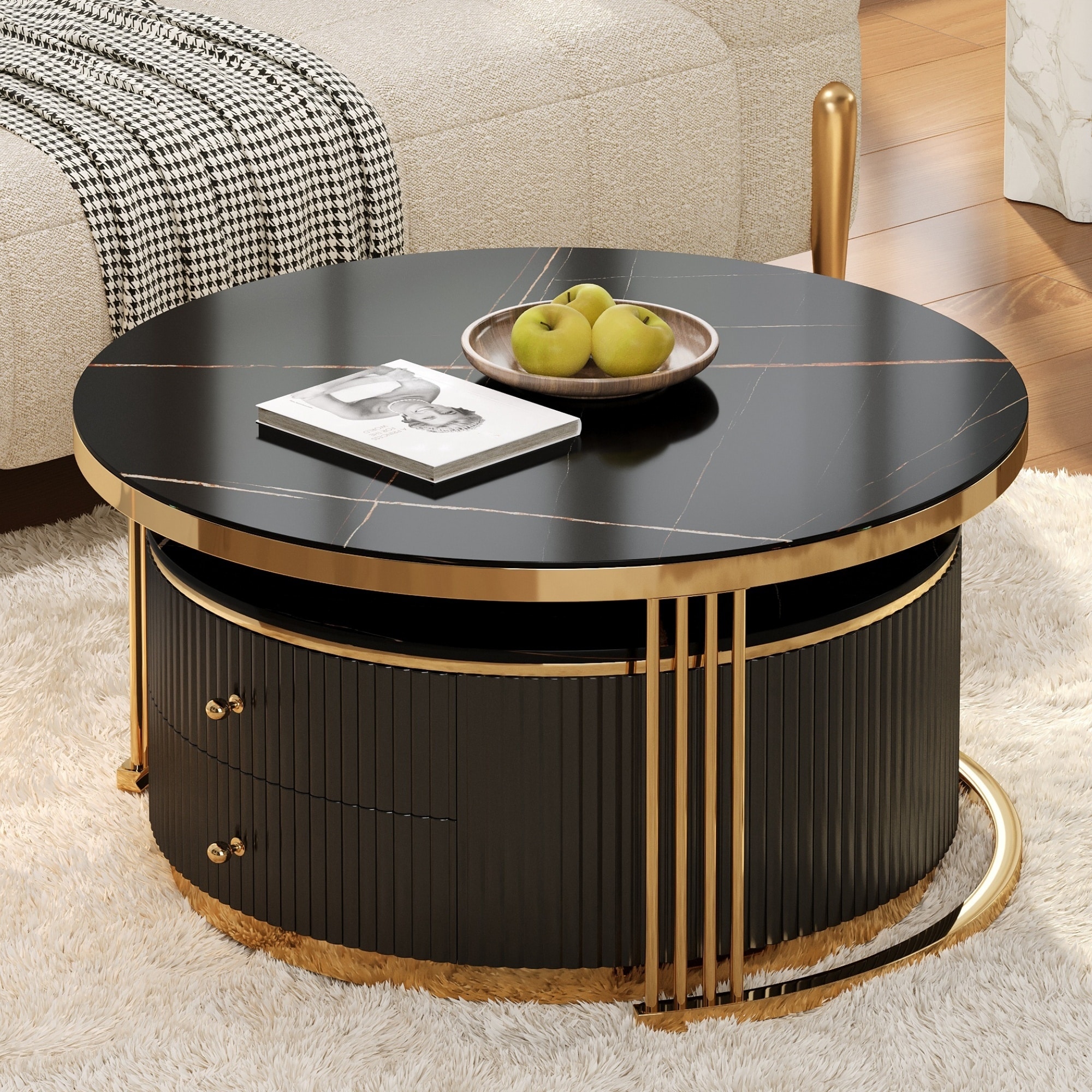 Black Nesting Table Coffee Table Center Table with 2 Drawers, Minimalist Accent Table End Table Round Side Table