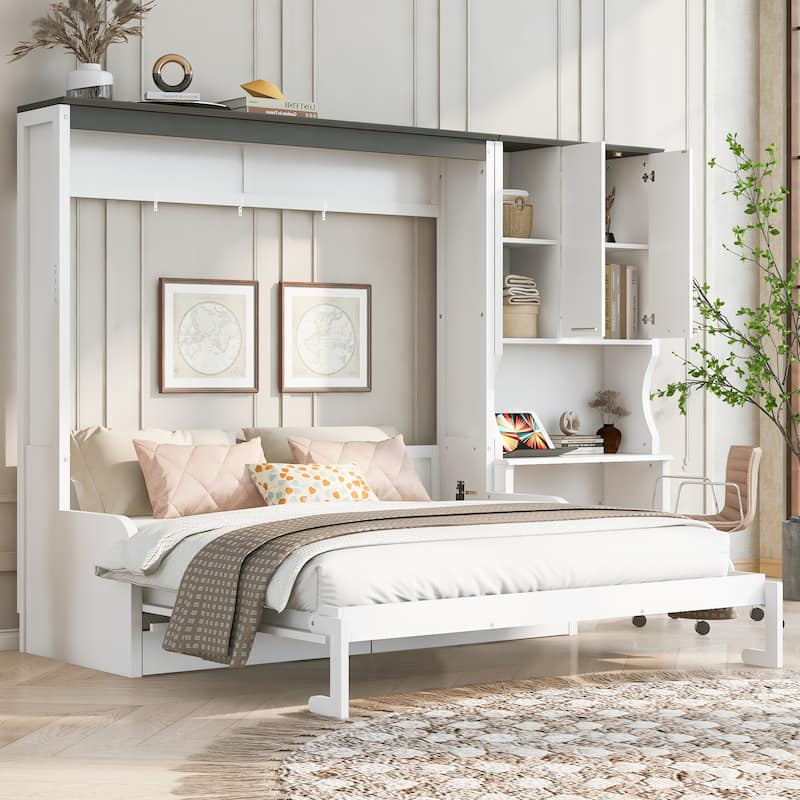 Space-saving Foldable Bed Design Murphy Bed Foldable Platform Bed with Sofa, All-in-one Storage Bookcase Cabinet and Desk