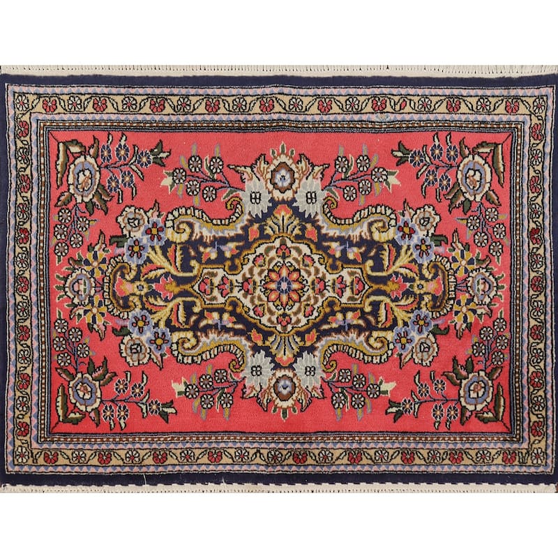 Hand Knotted Oriental Kork Wool Carpet Traditional Medallion Pink Qum Area Rug - 3' 0'' X 2' 1''