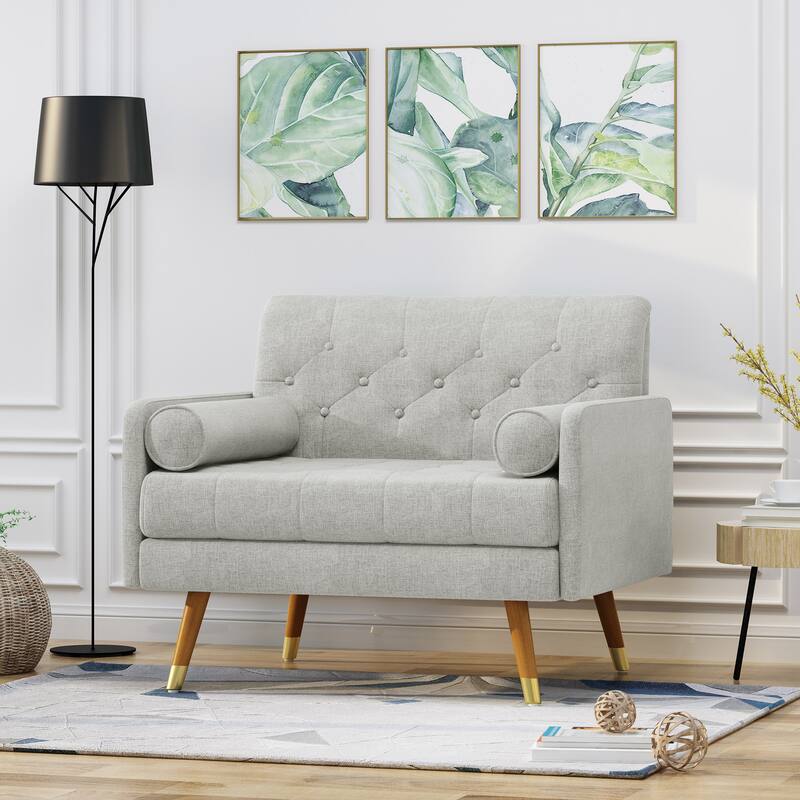 Light Grey Modern 38.25" Upholstered Button Tufted Club Chair with Bolster Pillows and Rubber Wood Legs - Light Grey