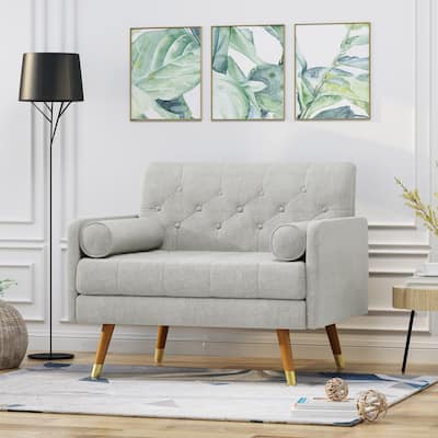 Modern 38.25" Upholstered Button Tufted Club Chair with Bolster Pillows and Rubber Wood Legs