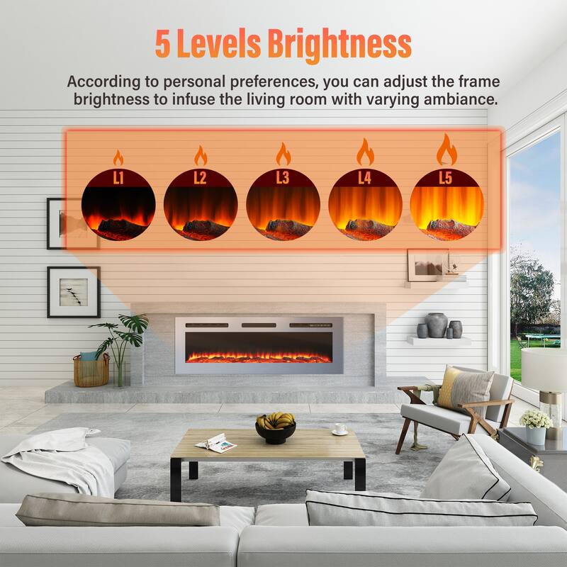Wall Mounted & Recessed Electric Fireplace with 12 Flame Colors, Stainless Steel Electric Fireplace