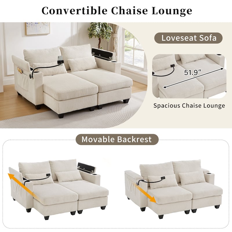 63" Convertible Chaise Lounge Chair, Corduroy Upholstered Sofa Bed with USB Ports & Cup Holders, Living Room Loveseat Sofa
