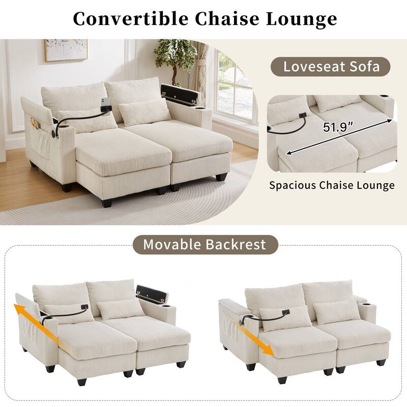 Sofa Chair with Armrests, 2-in-1 Corduroy Loveseat & Chaise Lounge, Sofa Bed Sleeper Sofa with Cup Holders & Side Pockets
