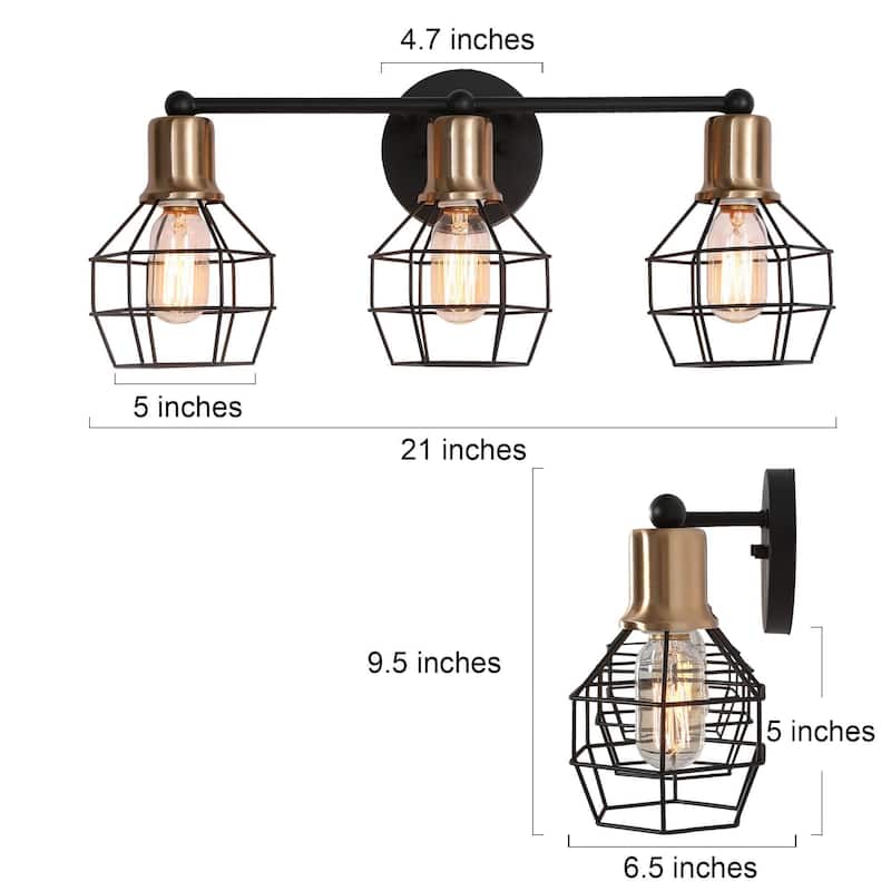 Modern 3-Light Gold Black Dimmable Lantern Cage Bathroom Vanity Lights Reversible Sconces - Black & Gold - L 21"x W 6.5"x H 9.5"