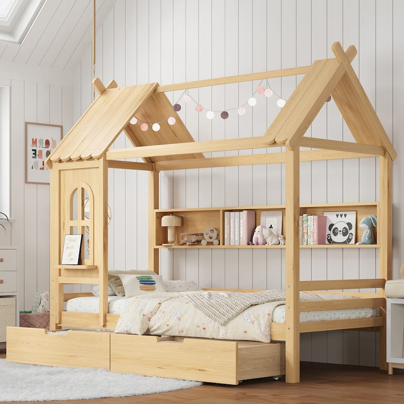 Charming House Bed for Girls, Boys Low Platform Bed Frame with Under-bed Drawers, Storage Shelves, Window and Roof