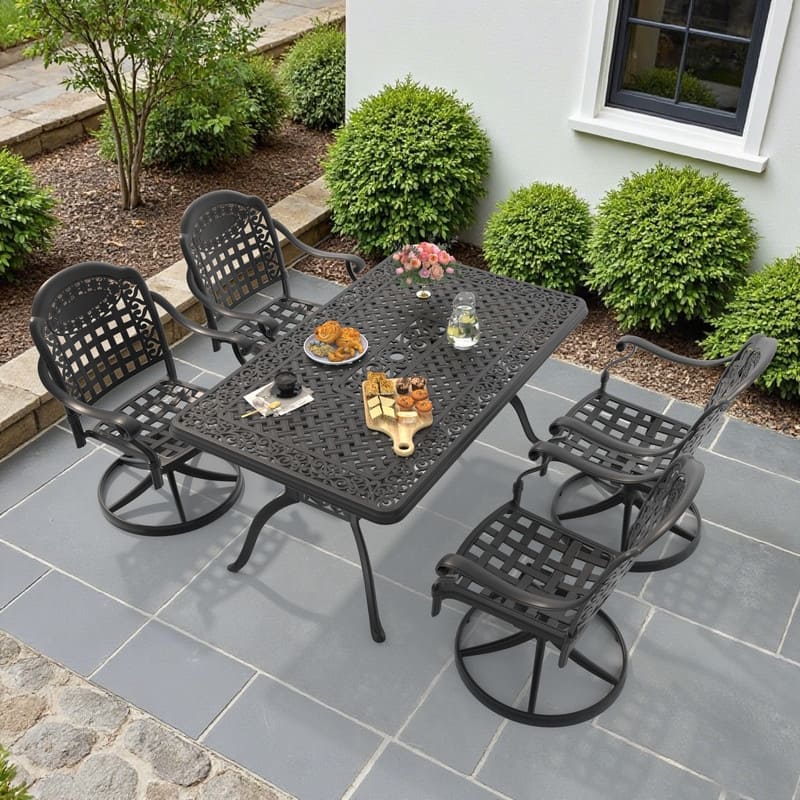 5-Piece Aluminum Rectangular Outdoor Patio Dining Set, 4 Cushioned Swivel Chairs, Table, All-Weather Frames