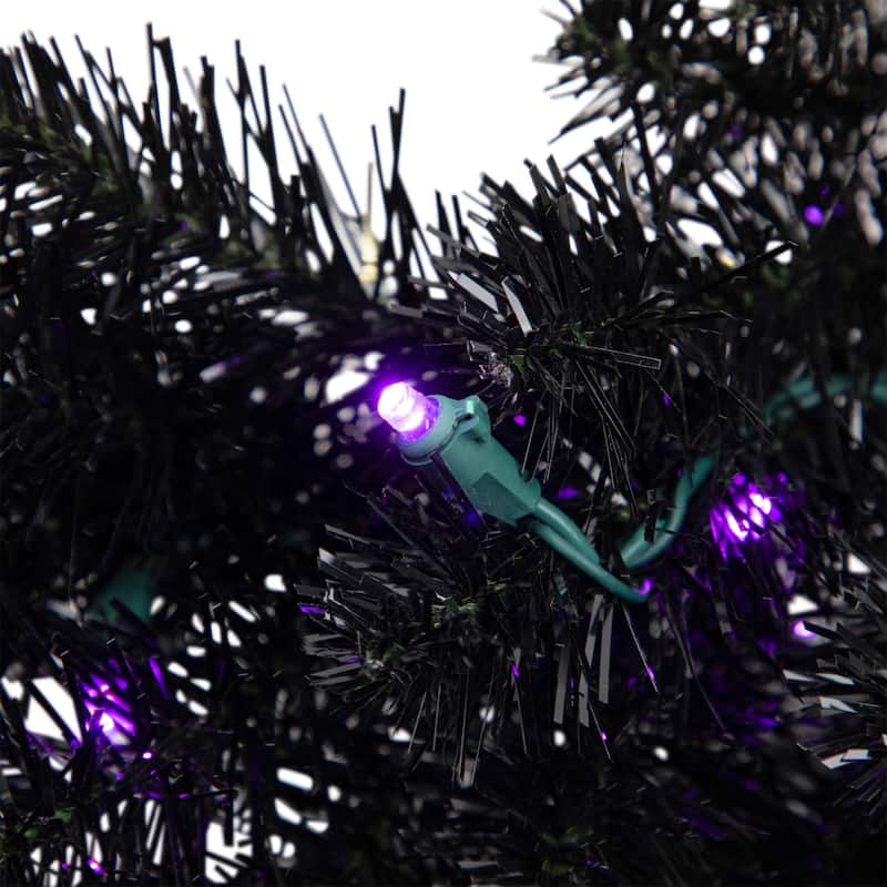 Black Crystal Pine Artificial Halloween Wreath - 24" - LED Purple