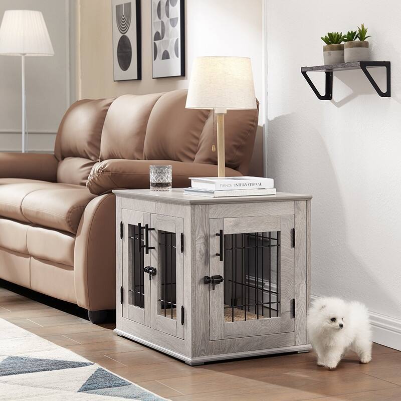 unipaws Pet Crate End Table, Double Doors Dog Kennel with Pet Bed