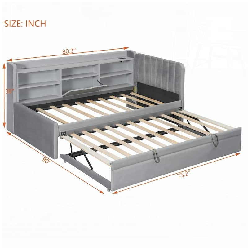Upholstered Daybed with Trundle and Storage Shelves