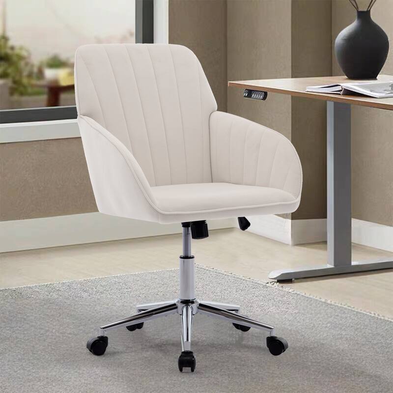 Velvet Home Office Chair, Ergonomic Swivel Study Desk Chair, Upholstered Vanity Chair with Backrest Seat and Metal Base - N/A - Beige