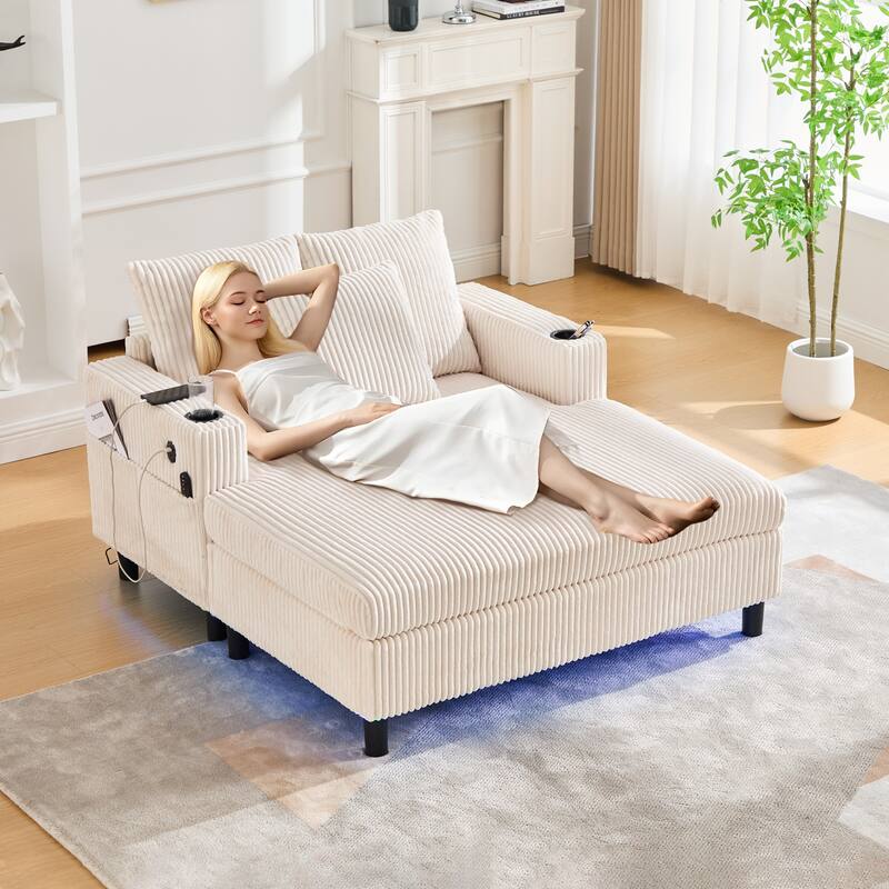 GDFStudio - Corduroy Recliner Sofa with USB Charging, RGB LED Light Strip - Suitable for Living Room and Bedroom