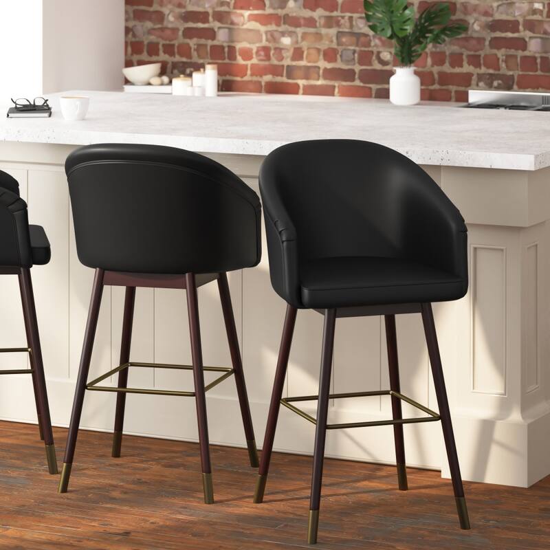 Set of 2 Upholstered Counter Stools with Wooden Legs - Black/Walnut