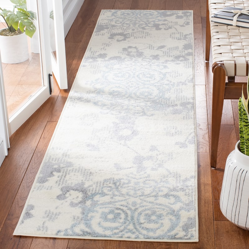 SAFAVIEH, Adirondack Rena Damask Floral Distressed Rug - 2'2" x 9' Runner - Ivory/Grey