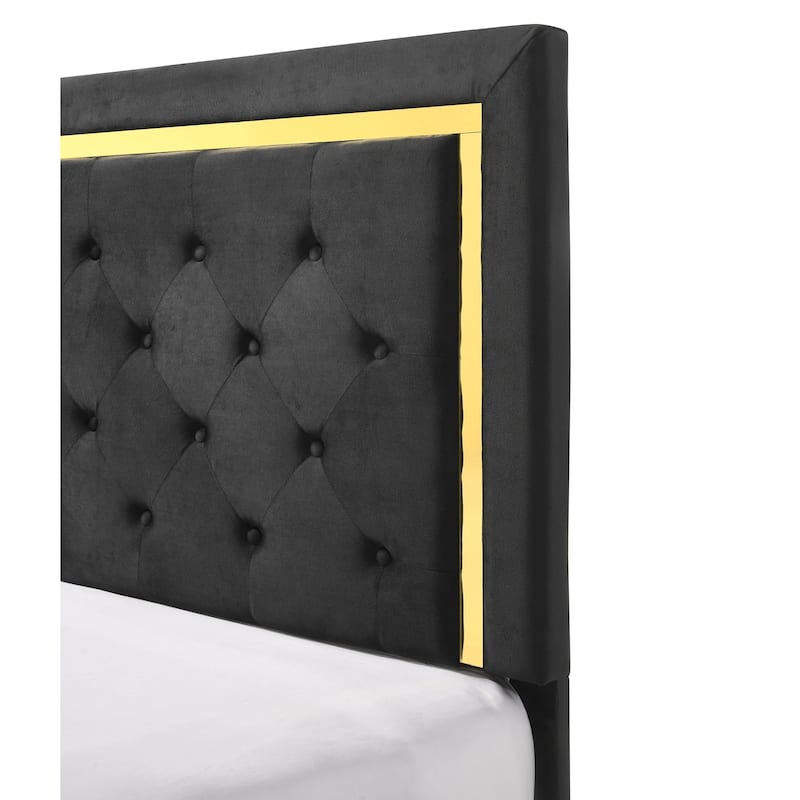 Contemporary Black Fabric Queen Bed with Gold Accents