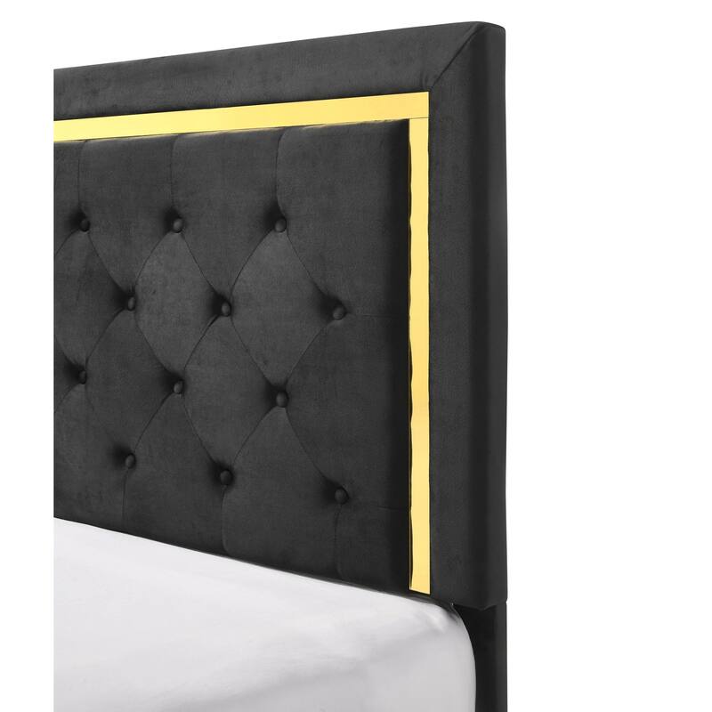 Queen Size Fabric Upholstered Panel Bed with Gold Accent Legs and Button-Tufted Headboard