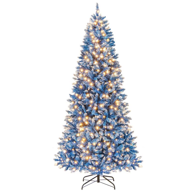 Gymax Pre-Lit Artificial Christmas Tree Blue Hinged Xmas Tree w/ - 7 Foot