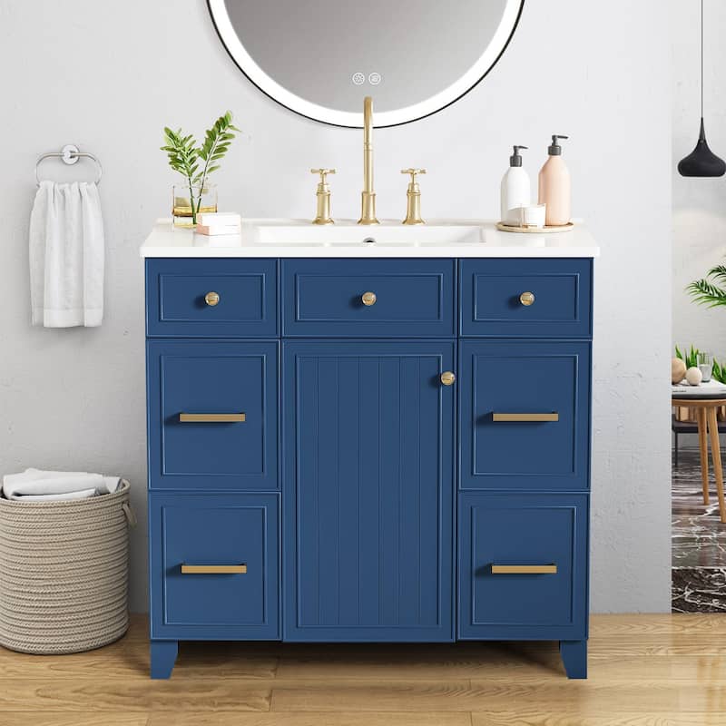 36" Bathroom Vanity with Ceramic Sink,Solid Wood Frame - Blue