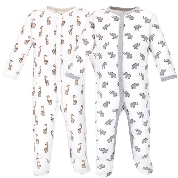 slide 1 of 1, Hudson Baby Baby Cotton Snap Sleep and Play 2pk, Elephant Giraffe 0-3 Months - Elephant Giraffe
