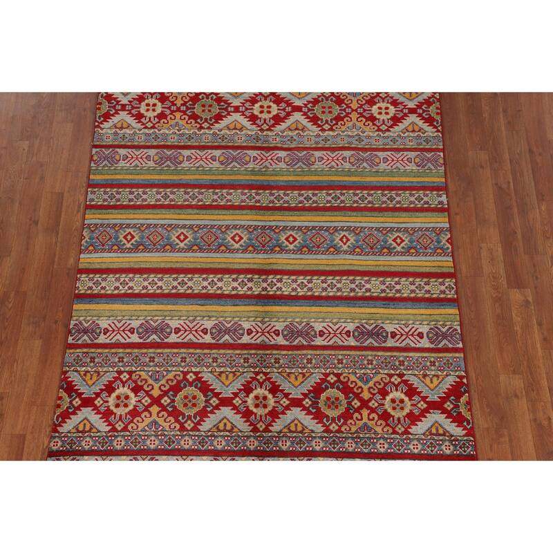 Striped Kazak Oriental Area Rug Hand-Knotted Wool Carpet - 4'10" x 6'6"