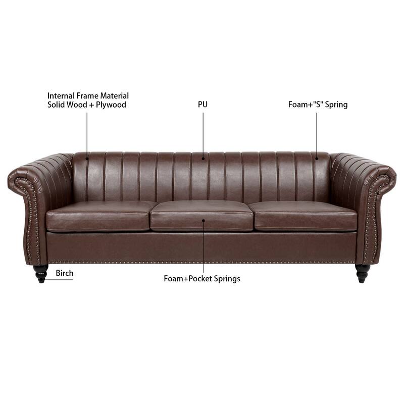 Chesterfield Sofa 83.46" with PU Leather, Quilted Backrest, Birch Legs