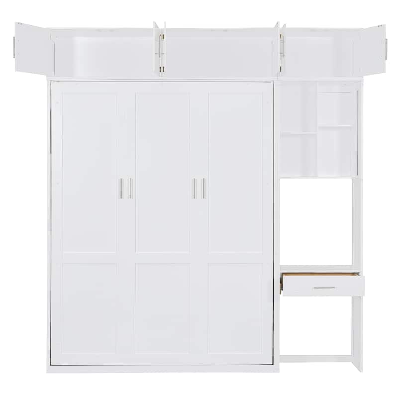 Queen Size Murphy Bed Hidden Cabinet with Desk and Drawer, Foldable Wood Wall Bed Frame with Top Cabinet & Storage Shelves