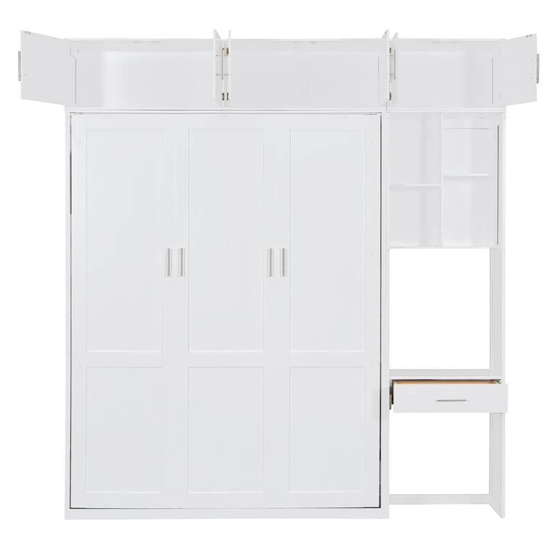 Space-Saving Queen Murphy Bed with Desk, Storage Shelves and Top Cabinets, Foldable Wall Bed in White