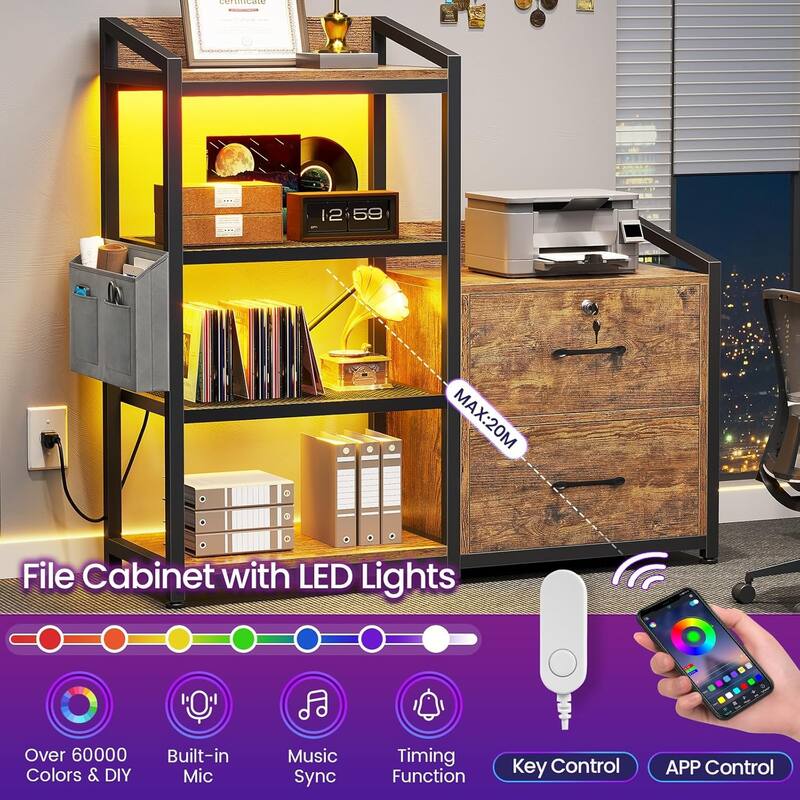 2 Drawer File Cabinet Filing Cabinet Letter Legal Power Strip LED Lights Lock Open Shelf