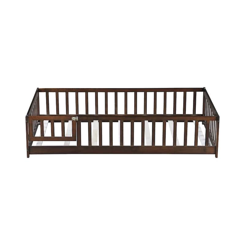 Twin Size Floor Bed with Fence and Door,Rubber Wood Floor Bed with Safety Guardrails