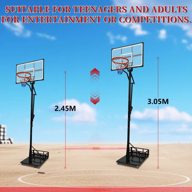 Portable Basketball Hoop,Adjustable Height 8.04ft to 10.01ft,44 inch Backboard with Rebound System,w/Counterweight Bag & Wheels