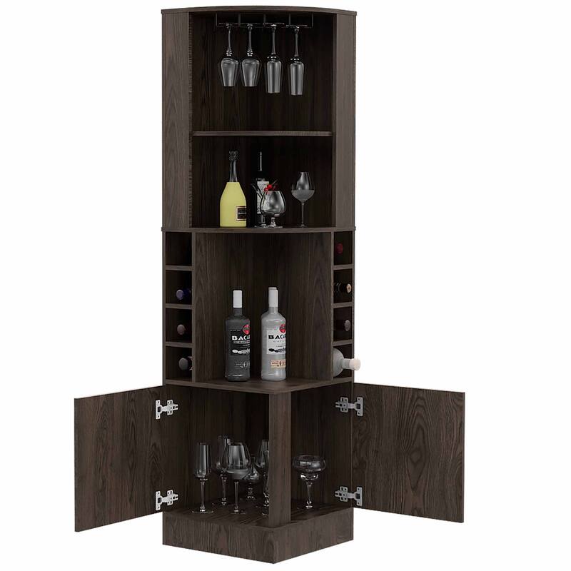FM Furniture The Seattle Corner Bar Cabinet with 3 Open Shelves, Glass Rack, 8 Bottle Cubbies, and Double Doors