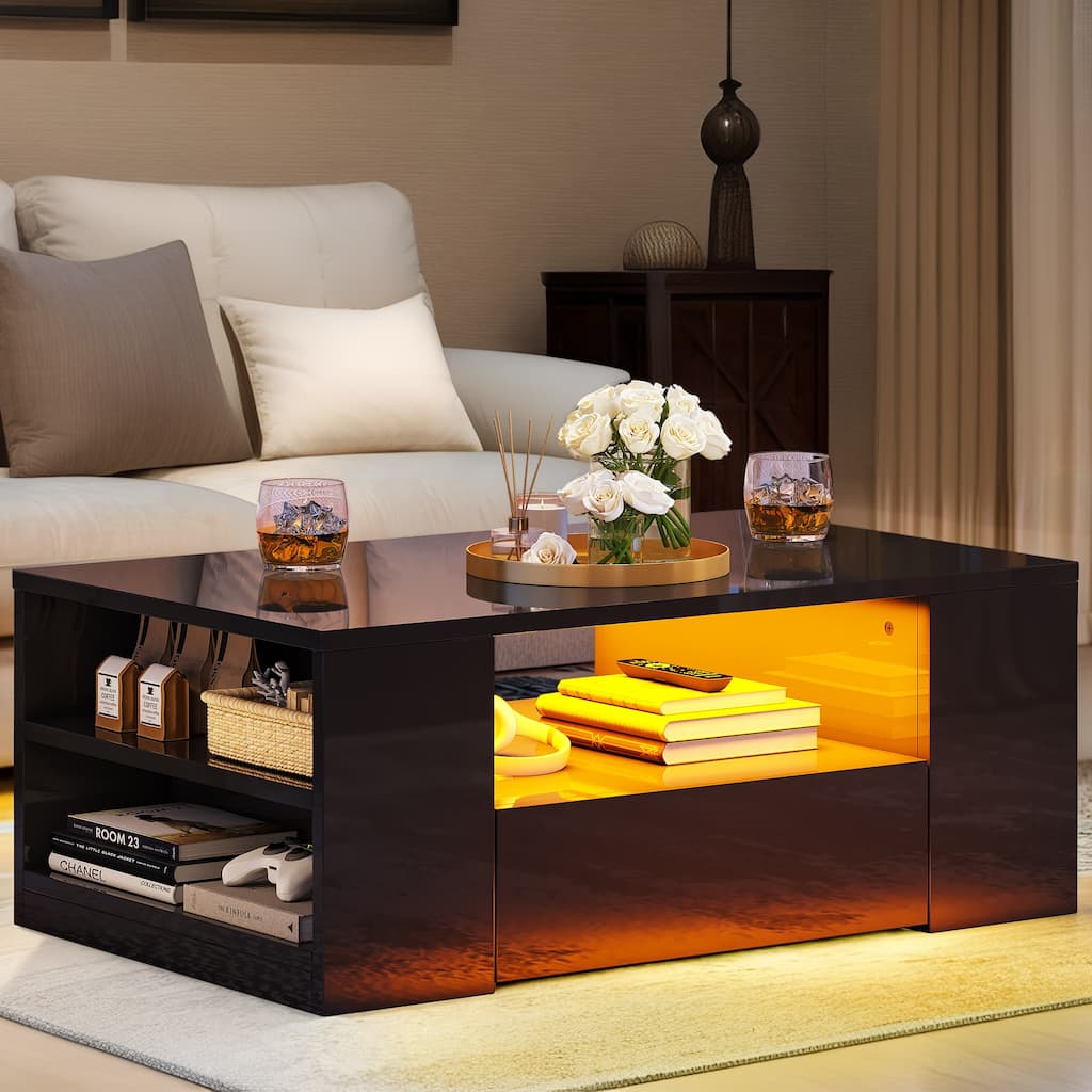 Moasis LED High Gloss Coffee Table with Open Side Shelf, Cocktail Table Center Table with 2 Drawers